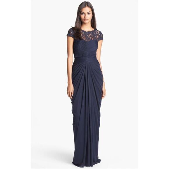 Adrianna Papell Dresses & Skirts - Adrianna Papell Short Sleeve Evening Gown Navy Lace Yoke Gathered Pleats Size 6